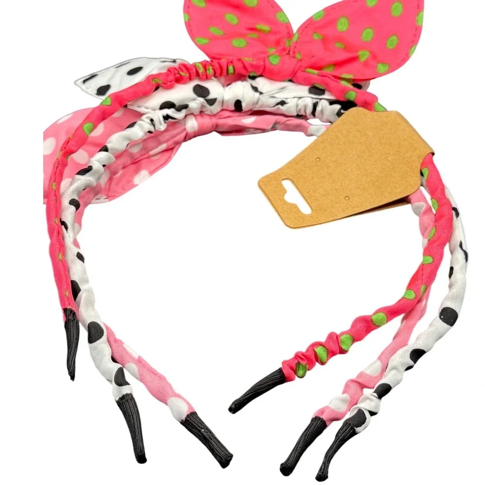 Girls 3 Pack Polka Dot Bow Headbands Pink Green White Black Hair Accessories